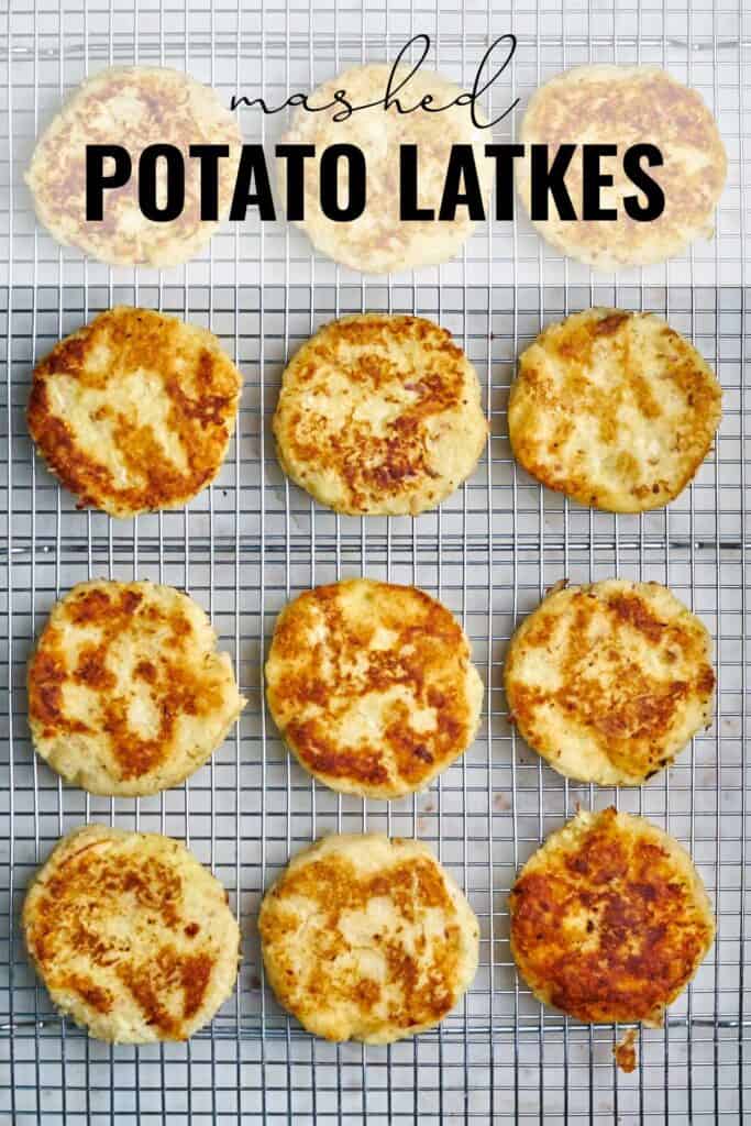 Twelve latkes on a wire rack with title text.