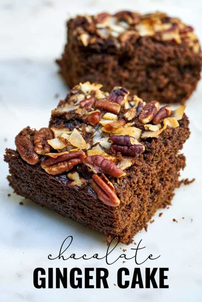 Two slices of brown cake topped with nuts and coconut with title text.