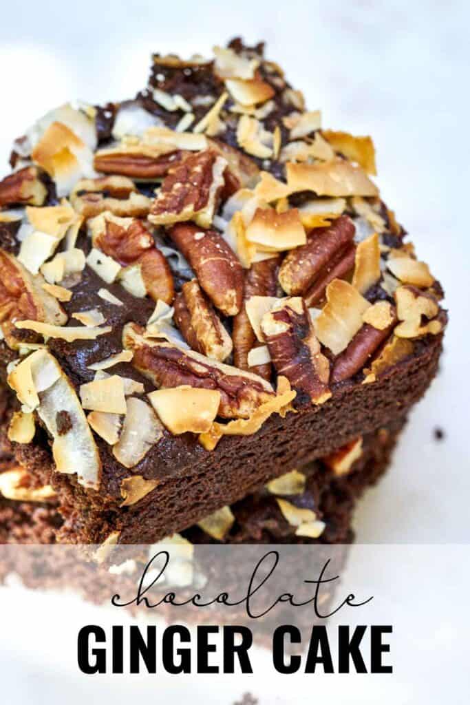 Two pieces of chocolate cake with coconut and nuts stacked on top of each other with title text.