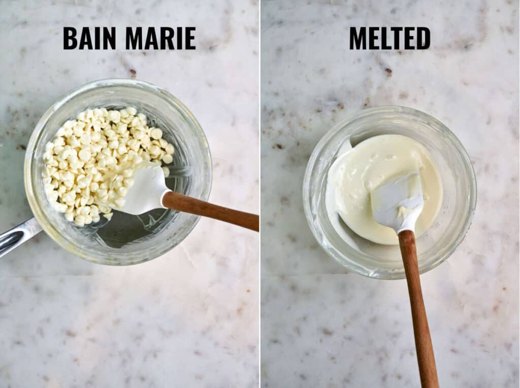 Melting white chocolate chips over a bain marie next to a bowl of melted white chocolate.