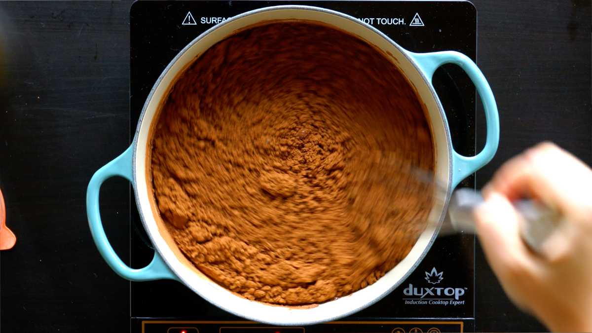 Cocoa powder mixture in pot.