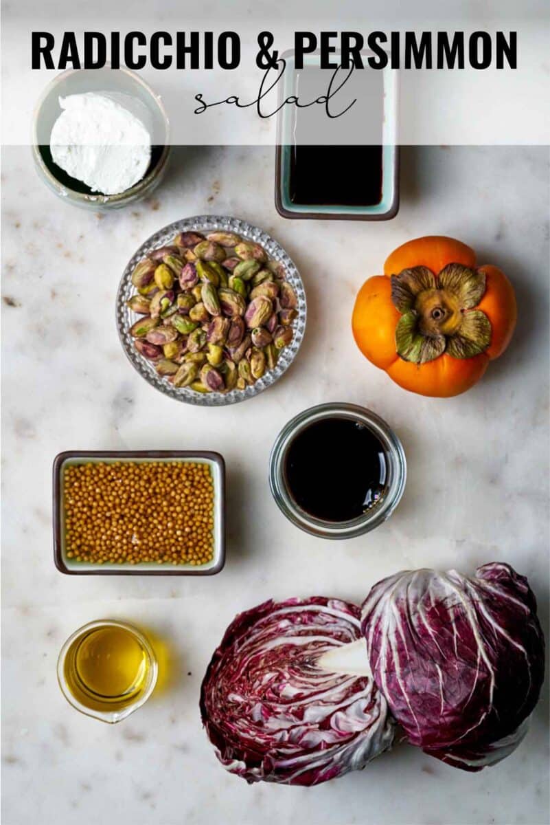 Ingredients on a white marble countertop.