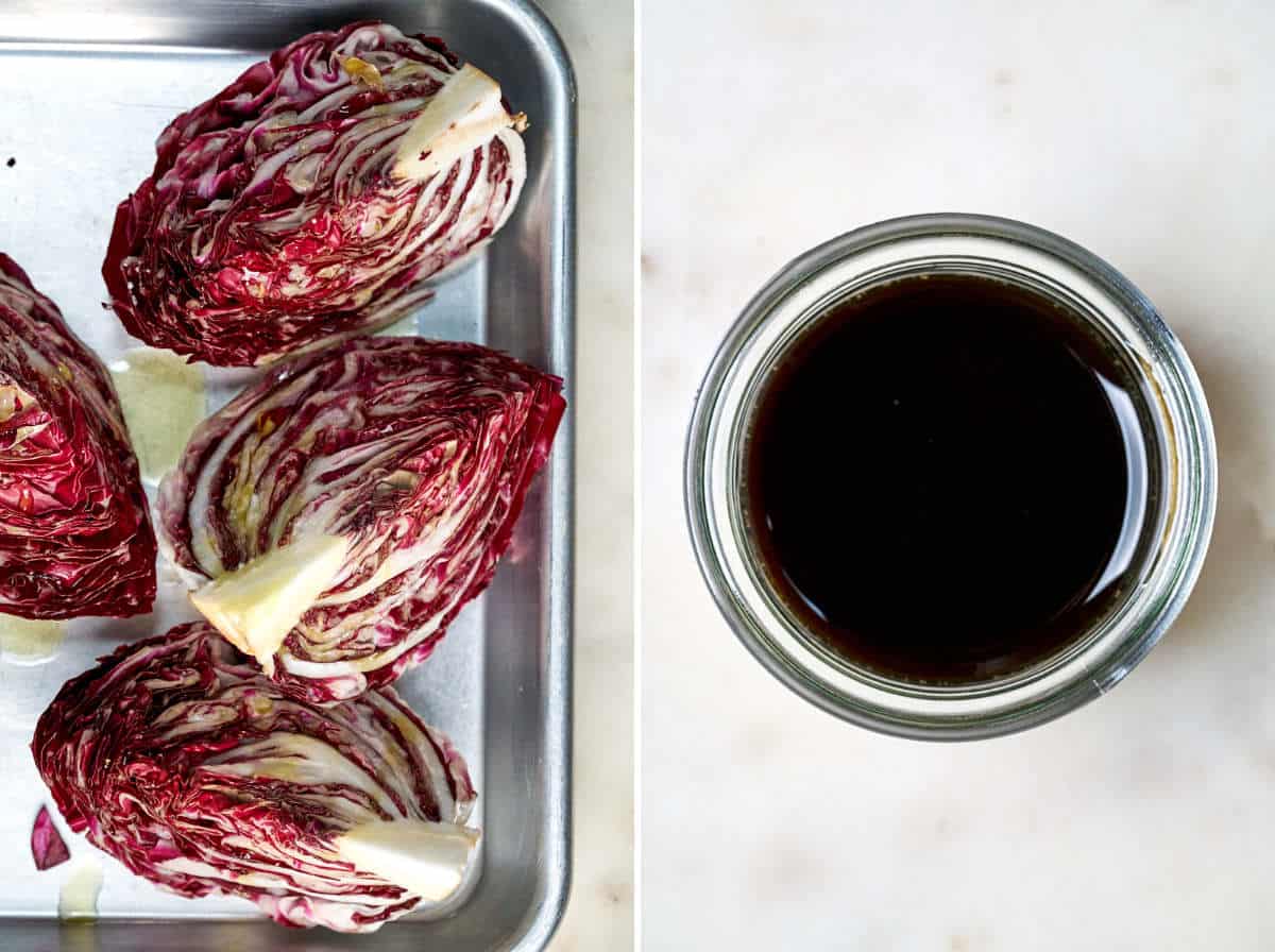 Roasted radicchio on a baking sheet.