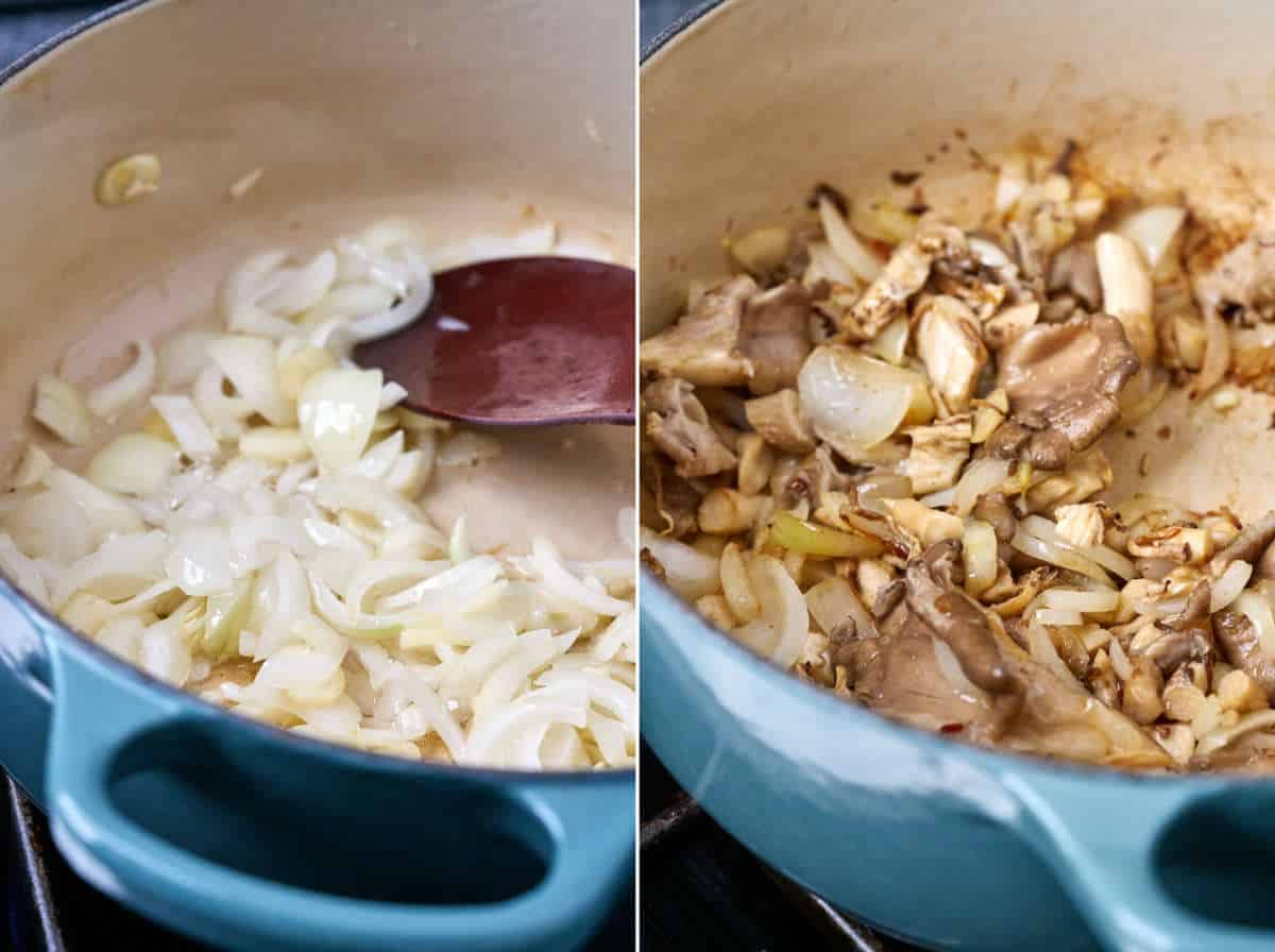 Cooking onions and mushrooms in a pot.