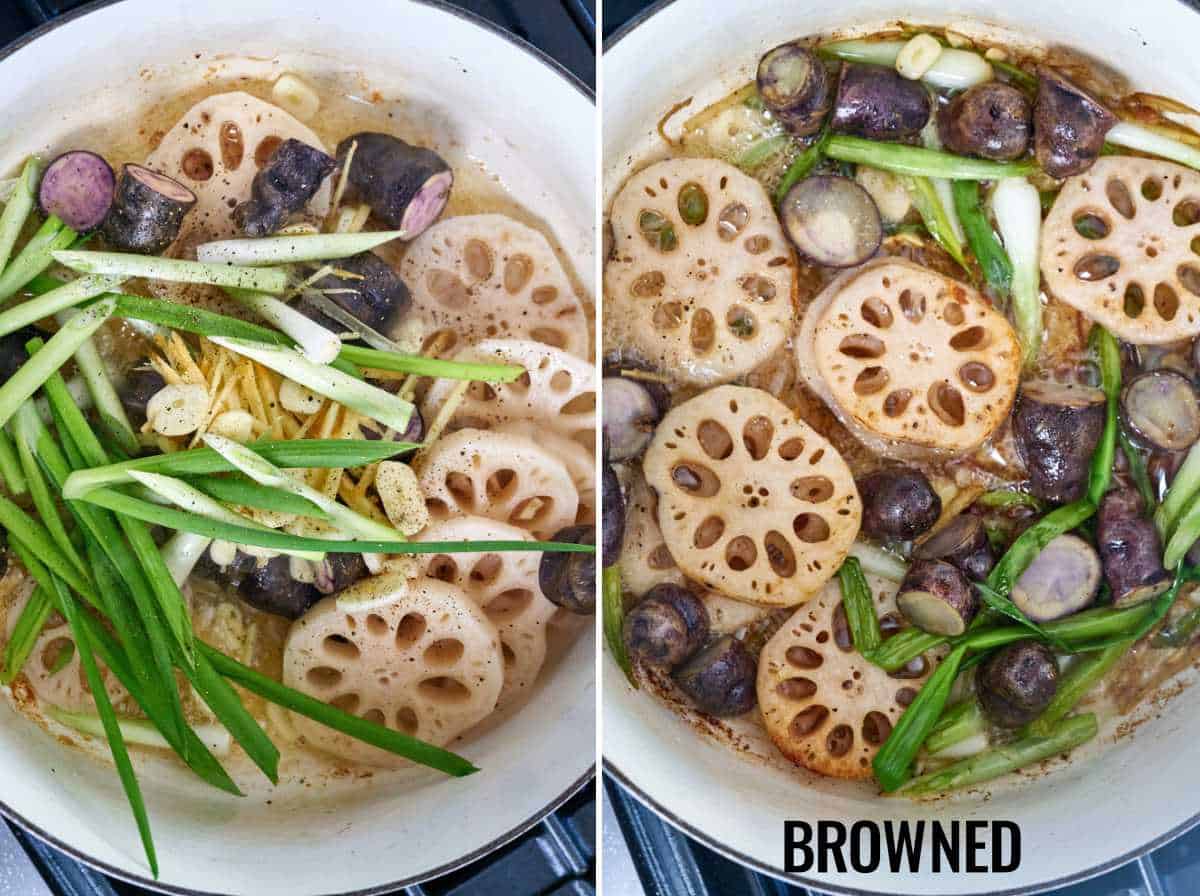 Vegetables cooking in a pot.