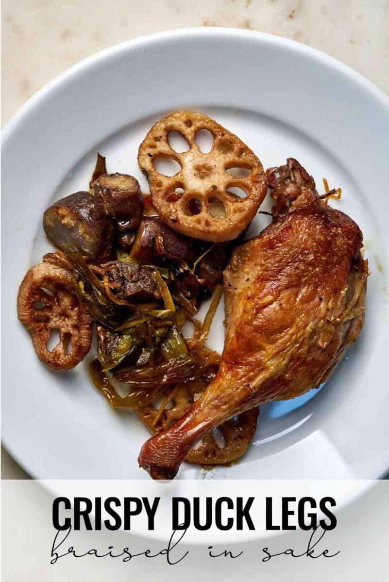 Crispy duck leg with vegetables.