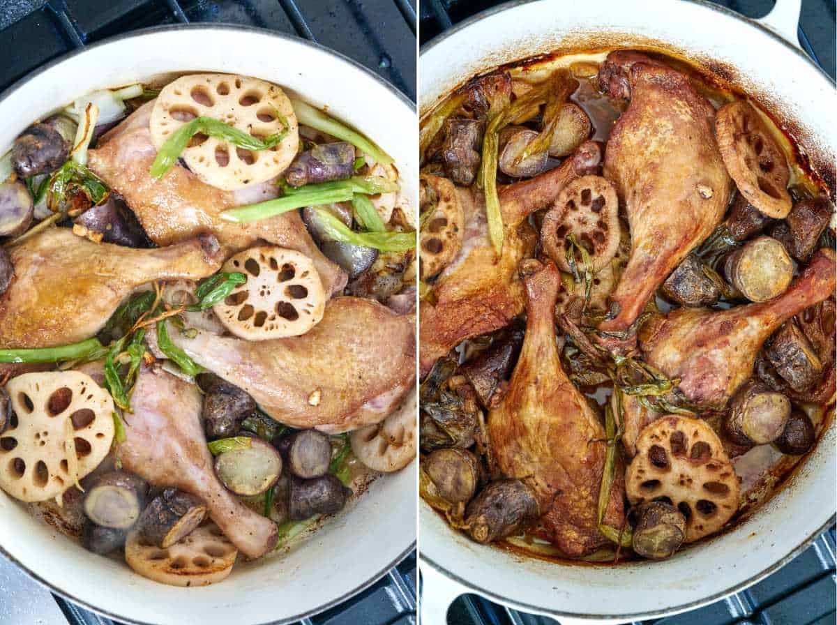 Duck leg roast in a pot with vegetables.