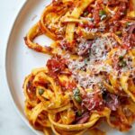 Top view of pasta on a plate.