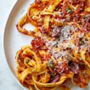 Top view of pasta on a plate.