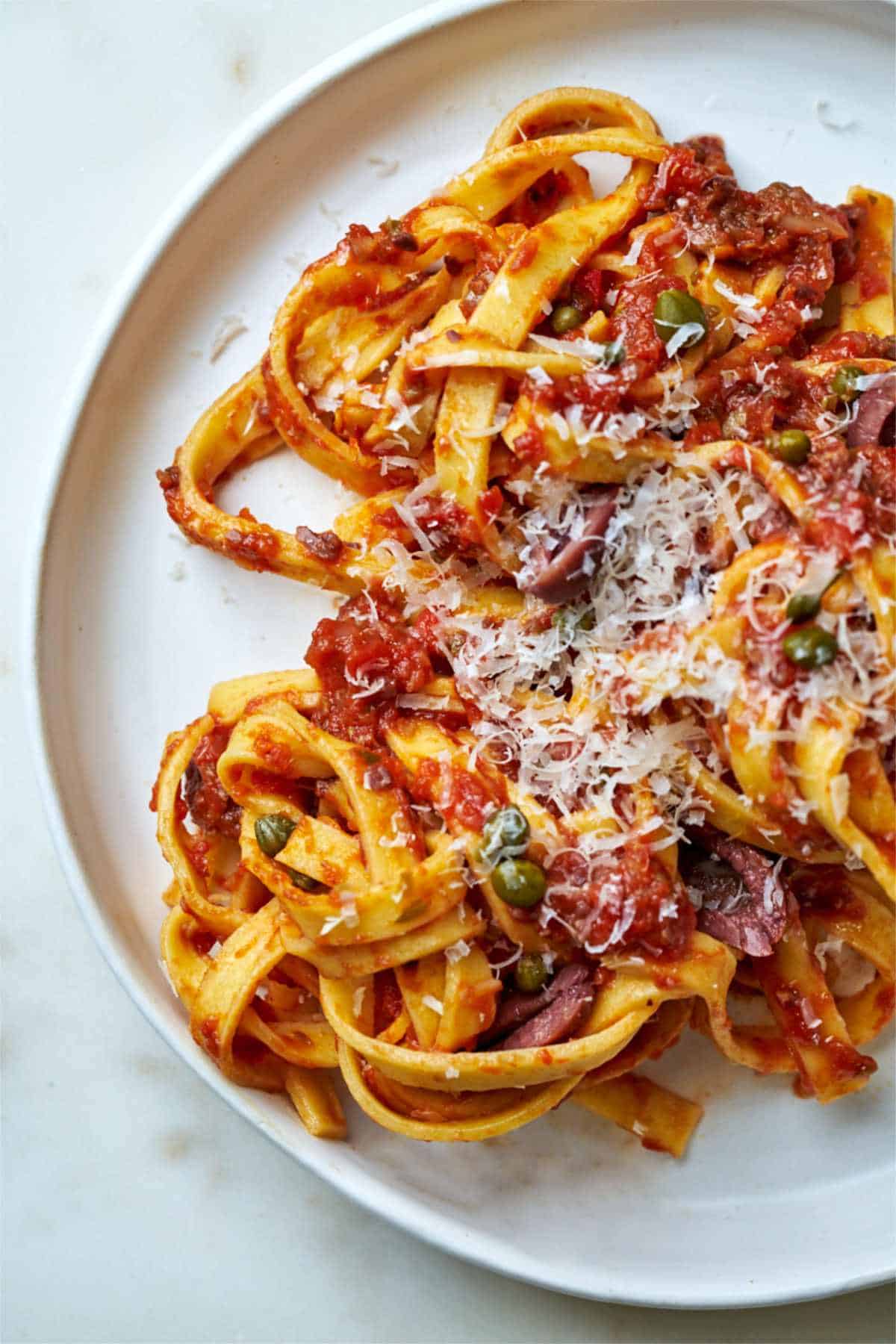 Top view of pasta on a plate.