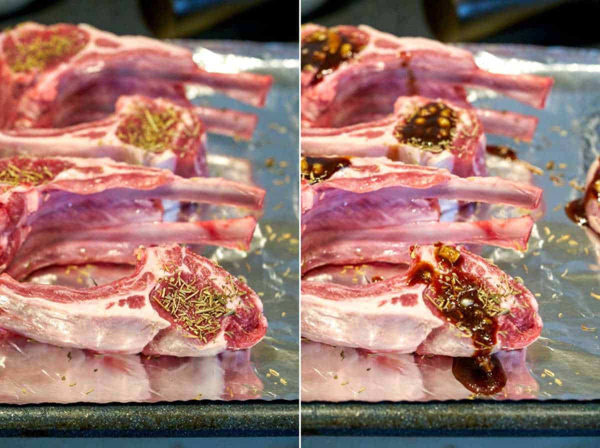 Raw pieces of rack of lamb on a broiling pan.