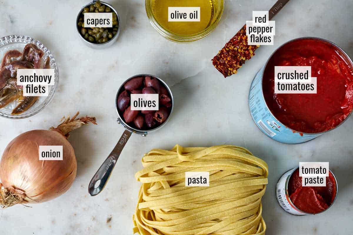 Ingredients for homemade pasta with sauce.