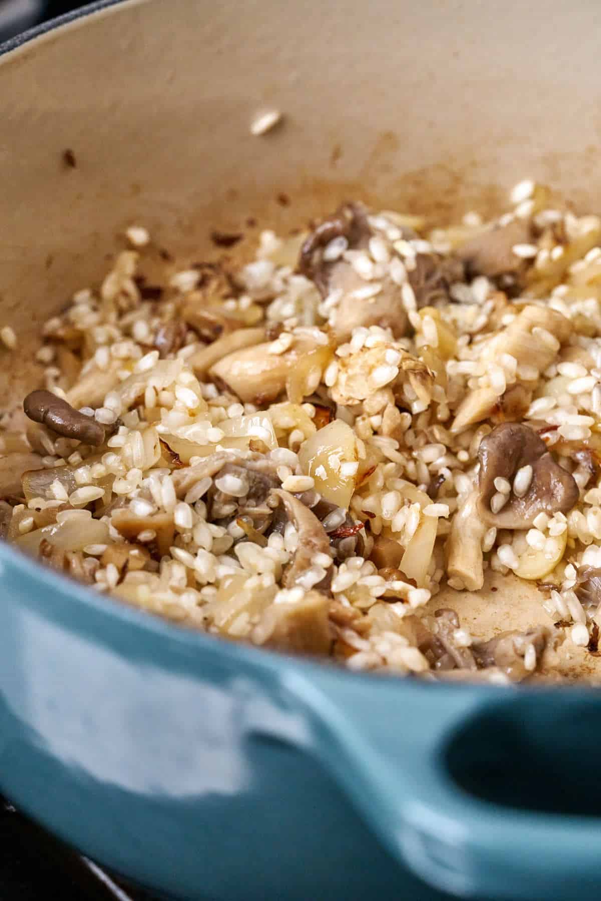 Rice and mushrooms in a pot.