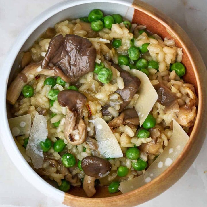 Mushroom & Pea Risotto with Sake & Sansho with Sake & Sansho