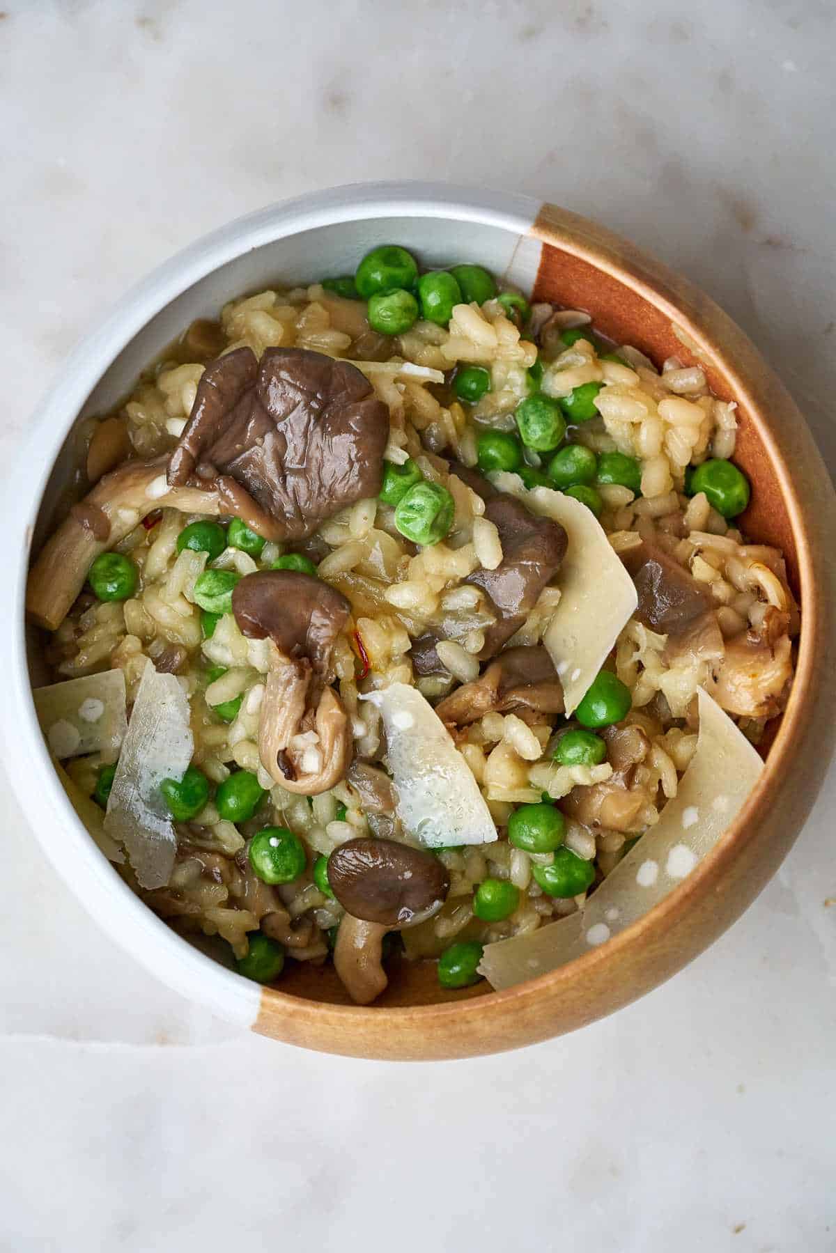 Risotto with mushrooms in a bowl.