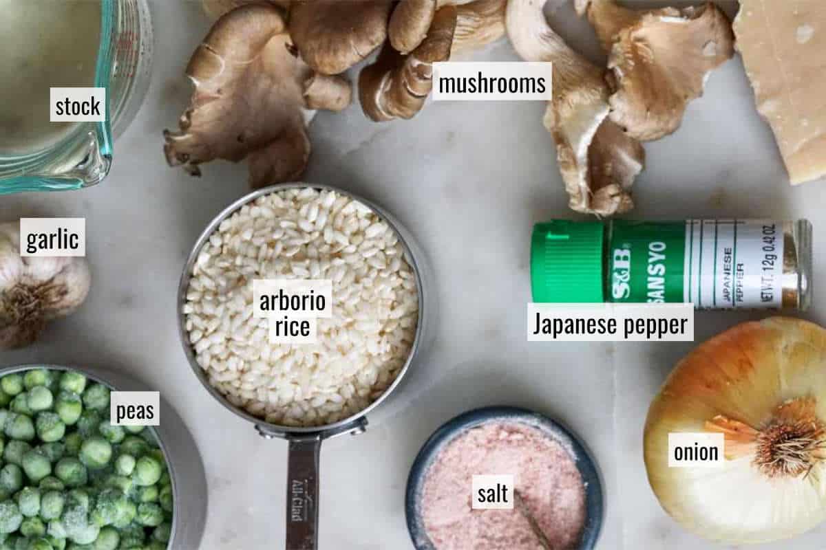 Ingredients for risotto on a countertop.
