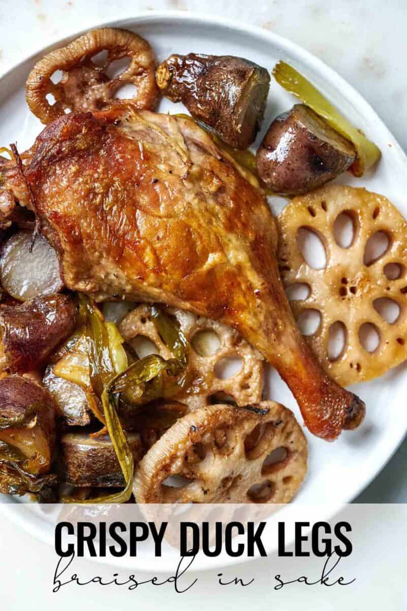 Crispy duck leg with vegetables.