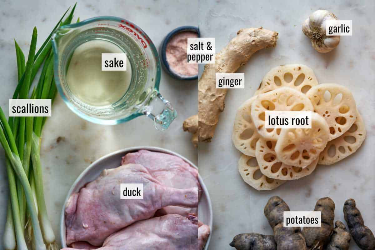 Ingredients on a marble countertop.