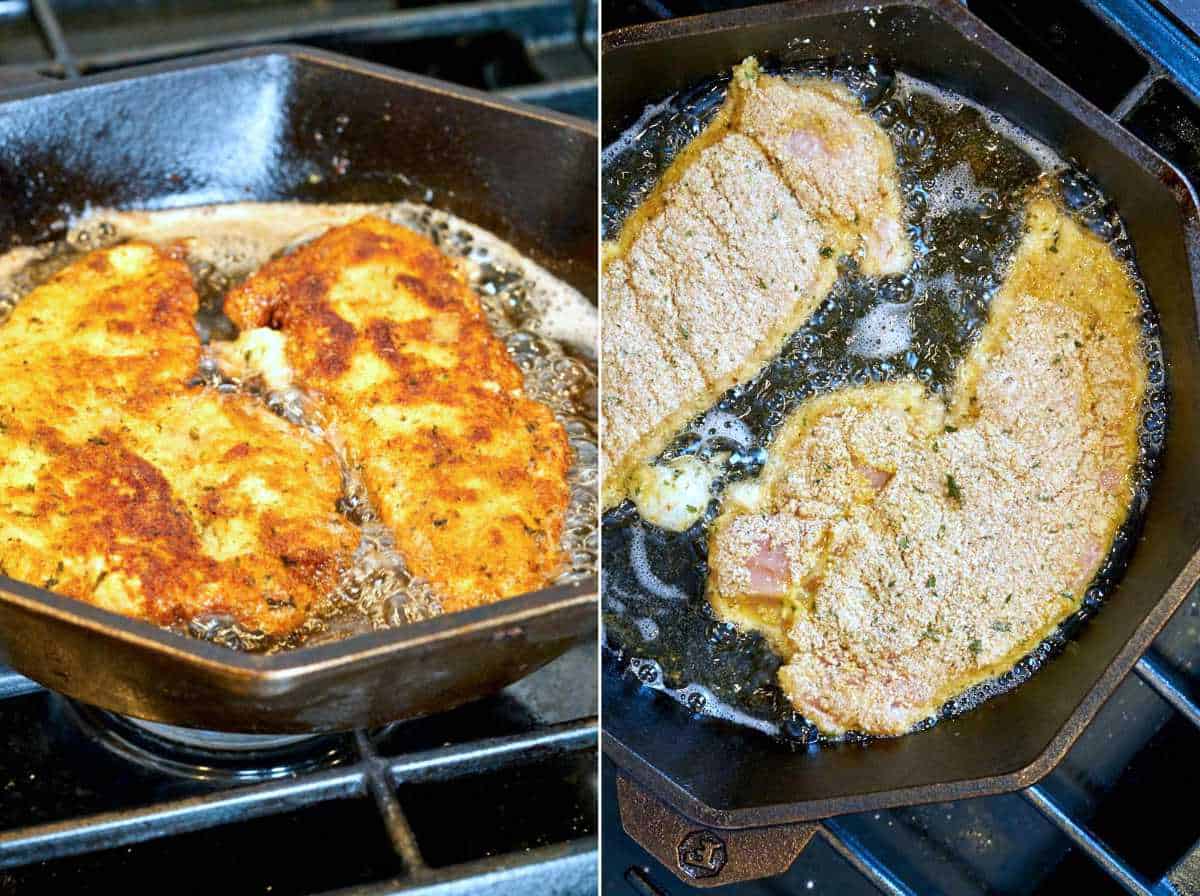 Frying chicken in a cast iron pan.