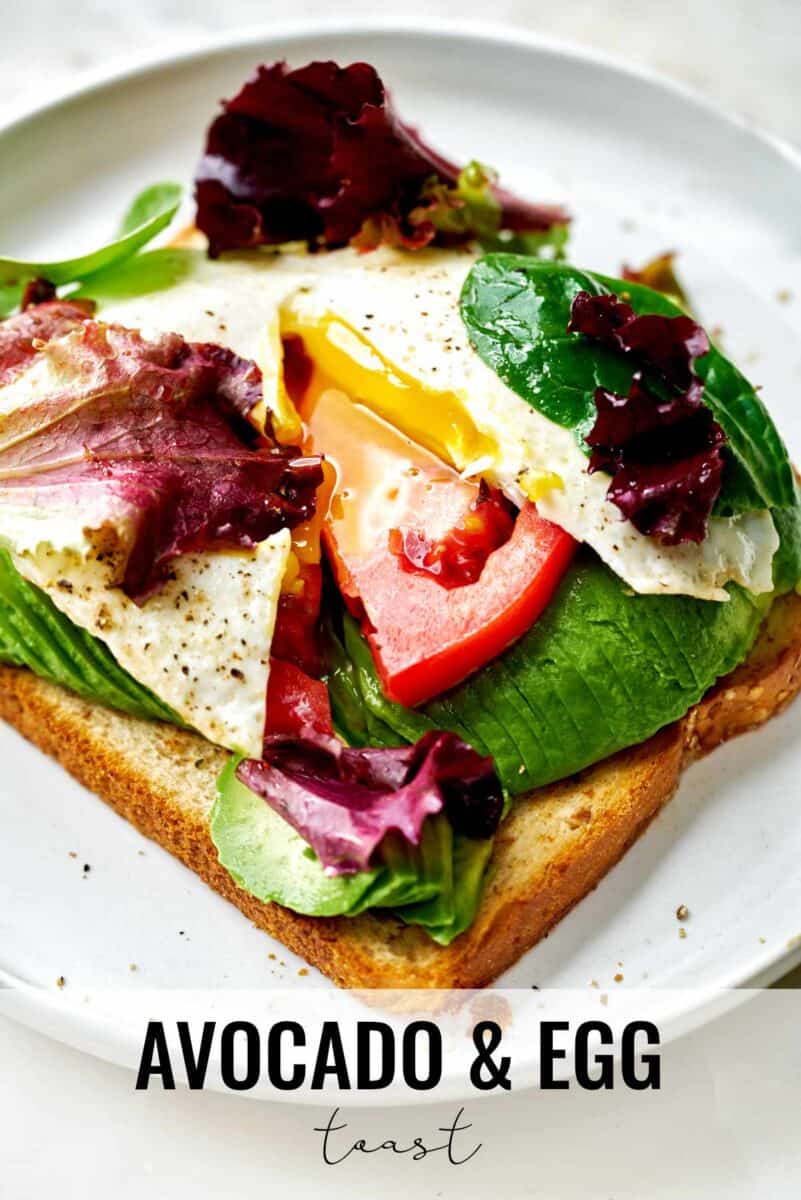 Toast with avocado, eggs, and lettuce.