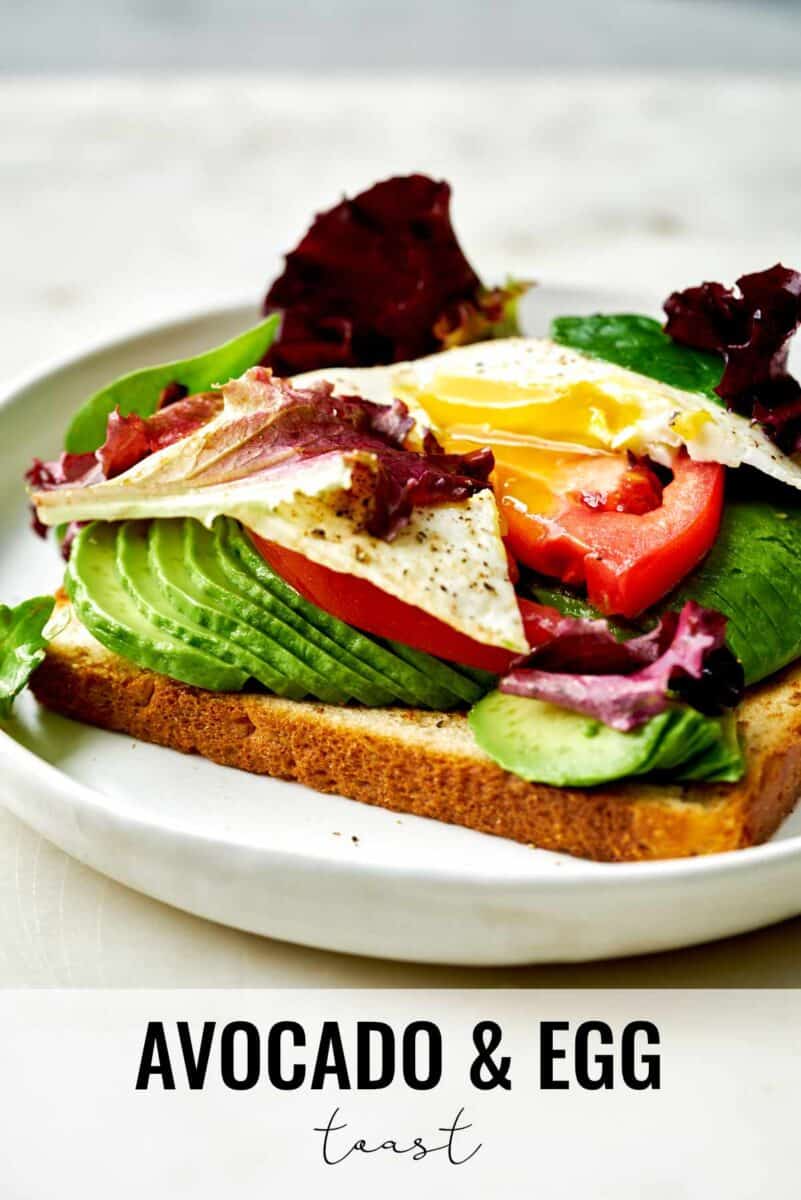 Toast with avocado, eggs, and lettuce.