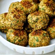 Dish filled with falafel.