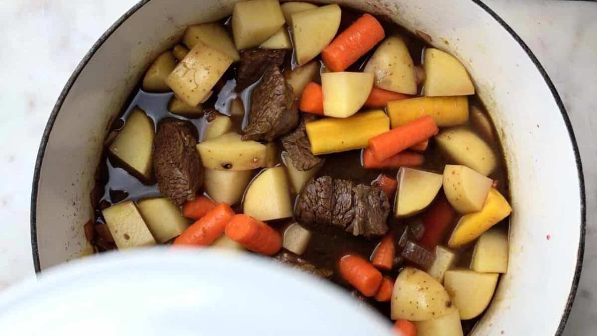 Stew with vegetables in a pot.