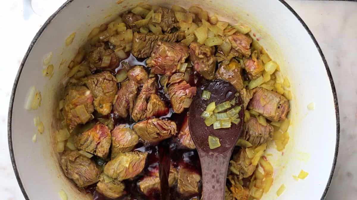 Cooked meat in a pot.