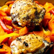 Sheet pan with chicken and vegetables.