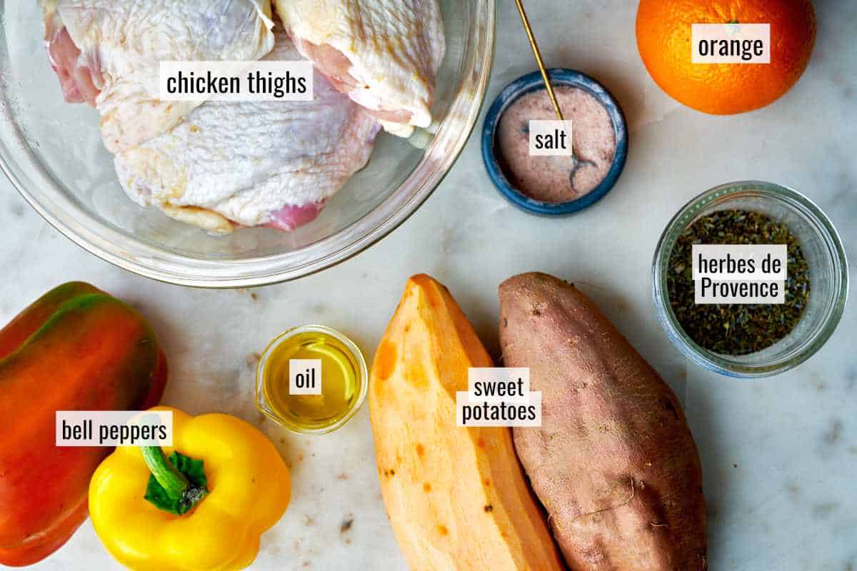 Ingredients for chicken thigh traybake.