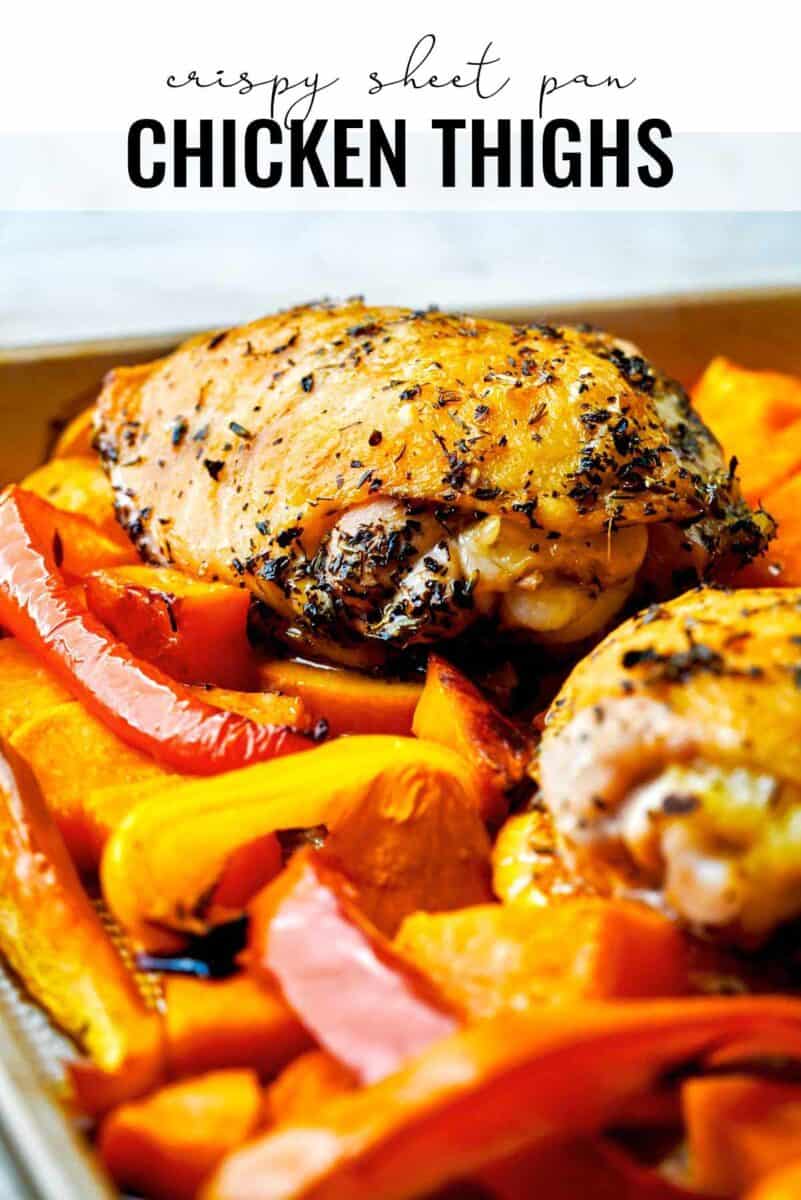 Sheet pan with chicken and vegetables.