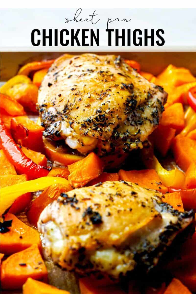 Sheet pan with chicken and vegetables.