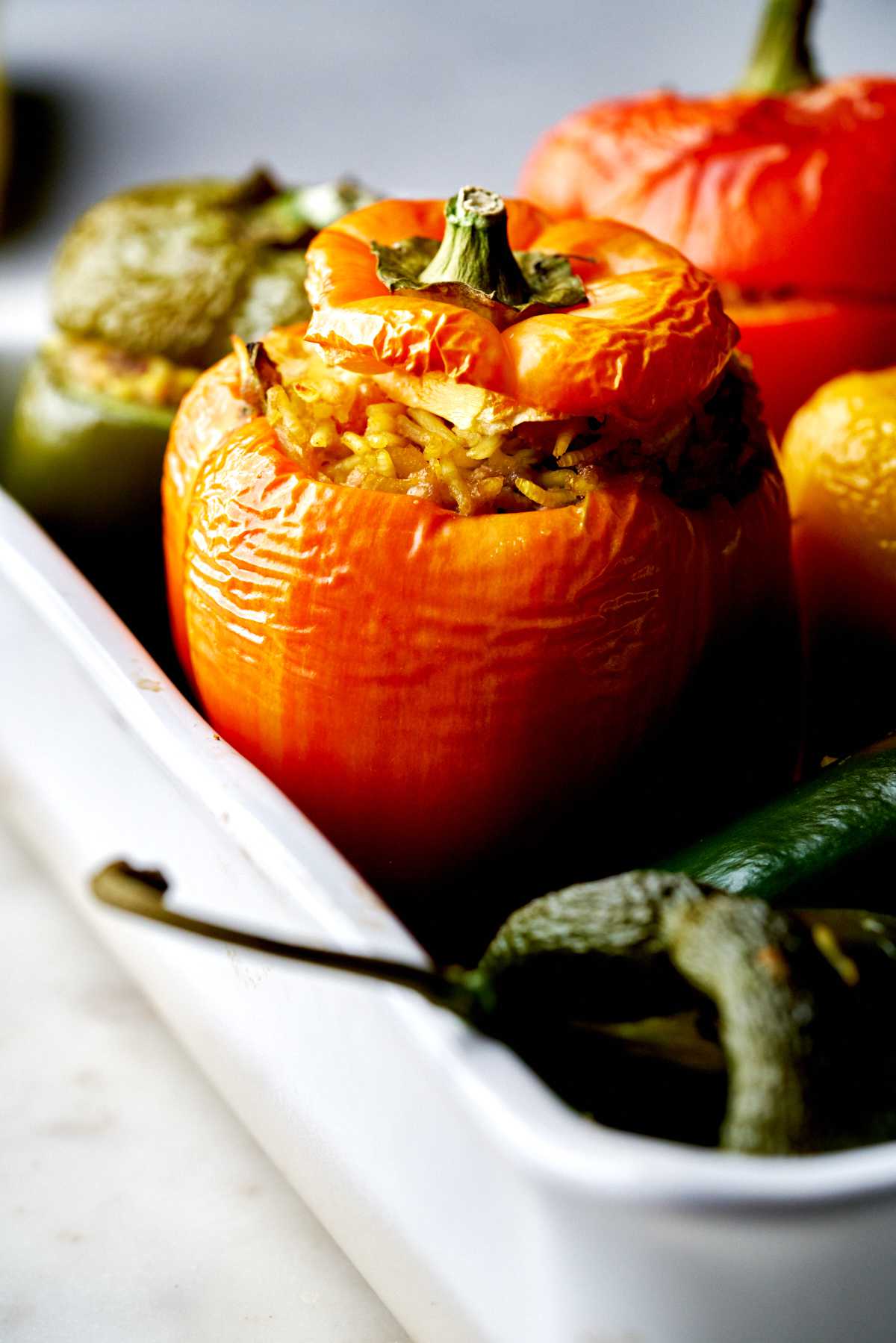 Roasted peppers stuffed with rice.