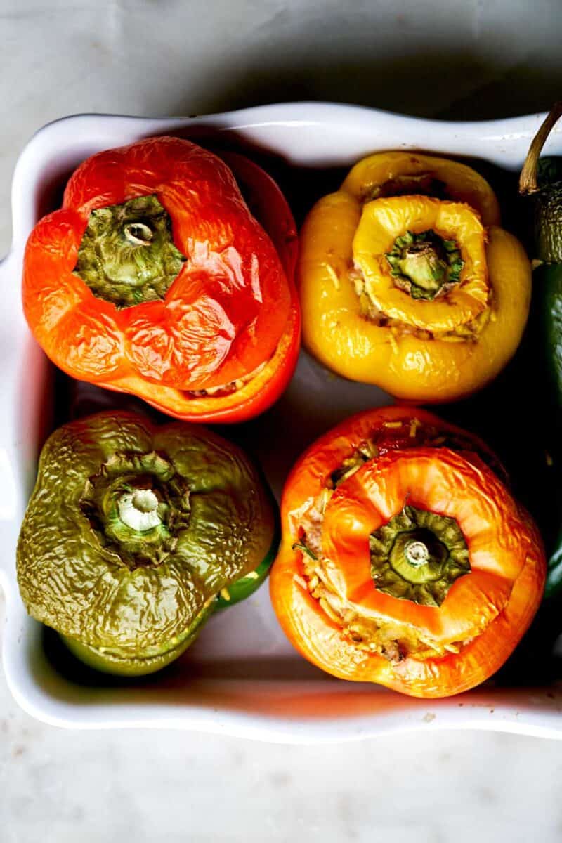 Cooked stuffed peppers.