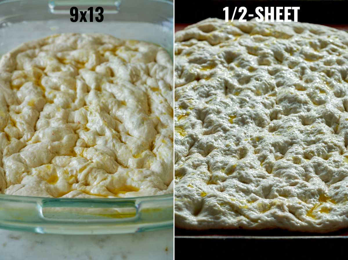 Focaccia dough in baking sheets.