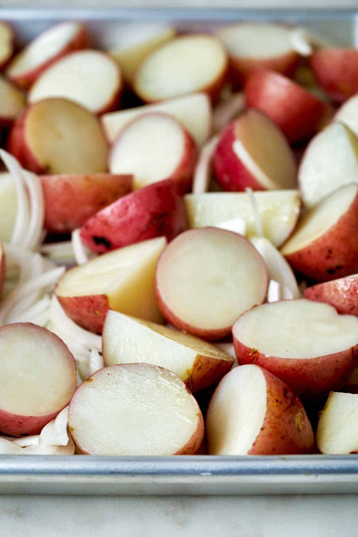 Sheet pan with potatoes.