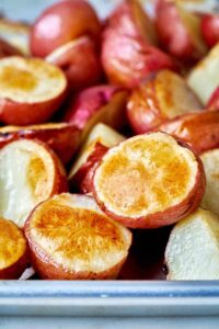 Tray of roasted potatoes.