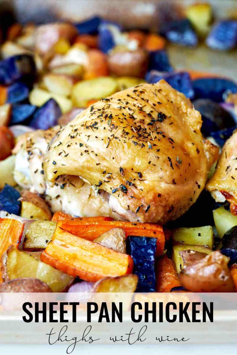 Cooked chicken thigh and root vegetables.