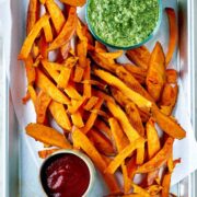 Sweet potato fries on a tray.