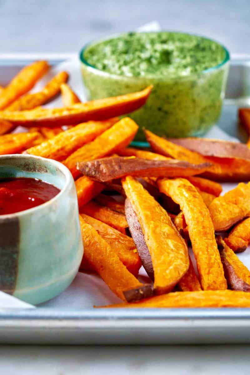 Sweet potato fries on a tray.