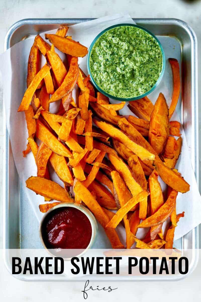 Sweet potato fries on a tray.