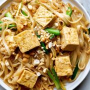 Plate with noodles and tofu.