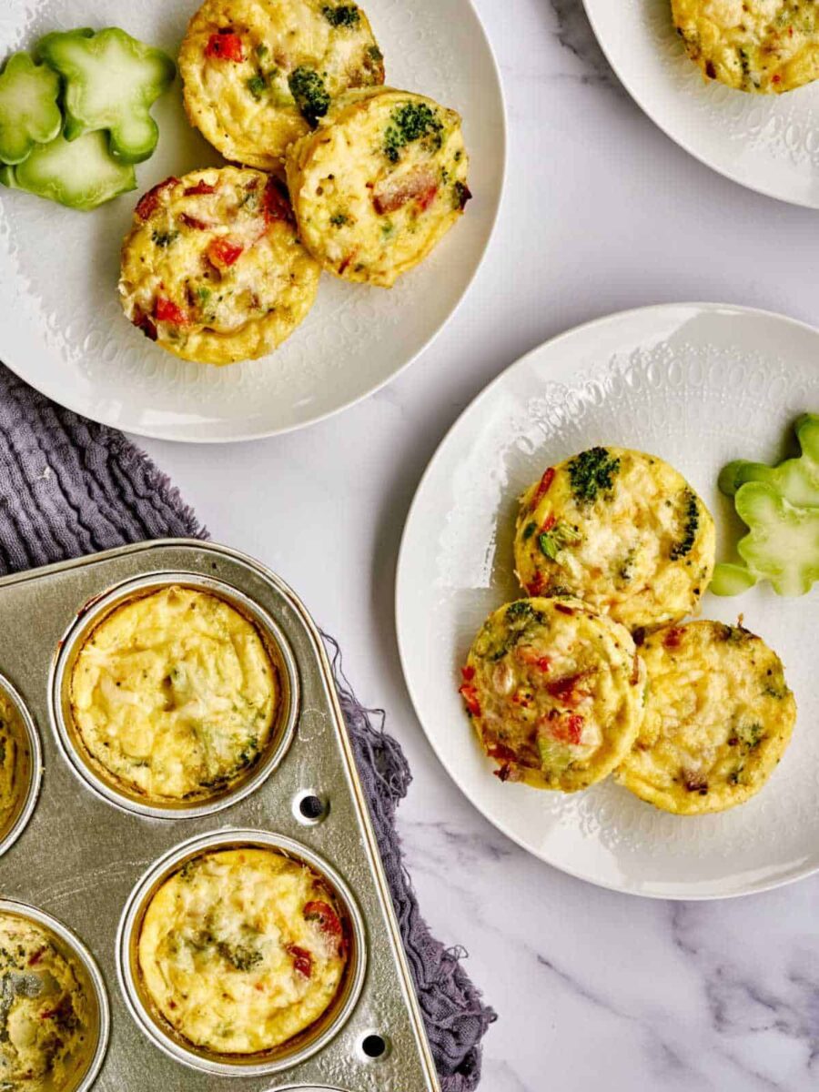 Egg bites in a tin and on plates.