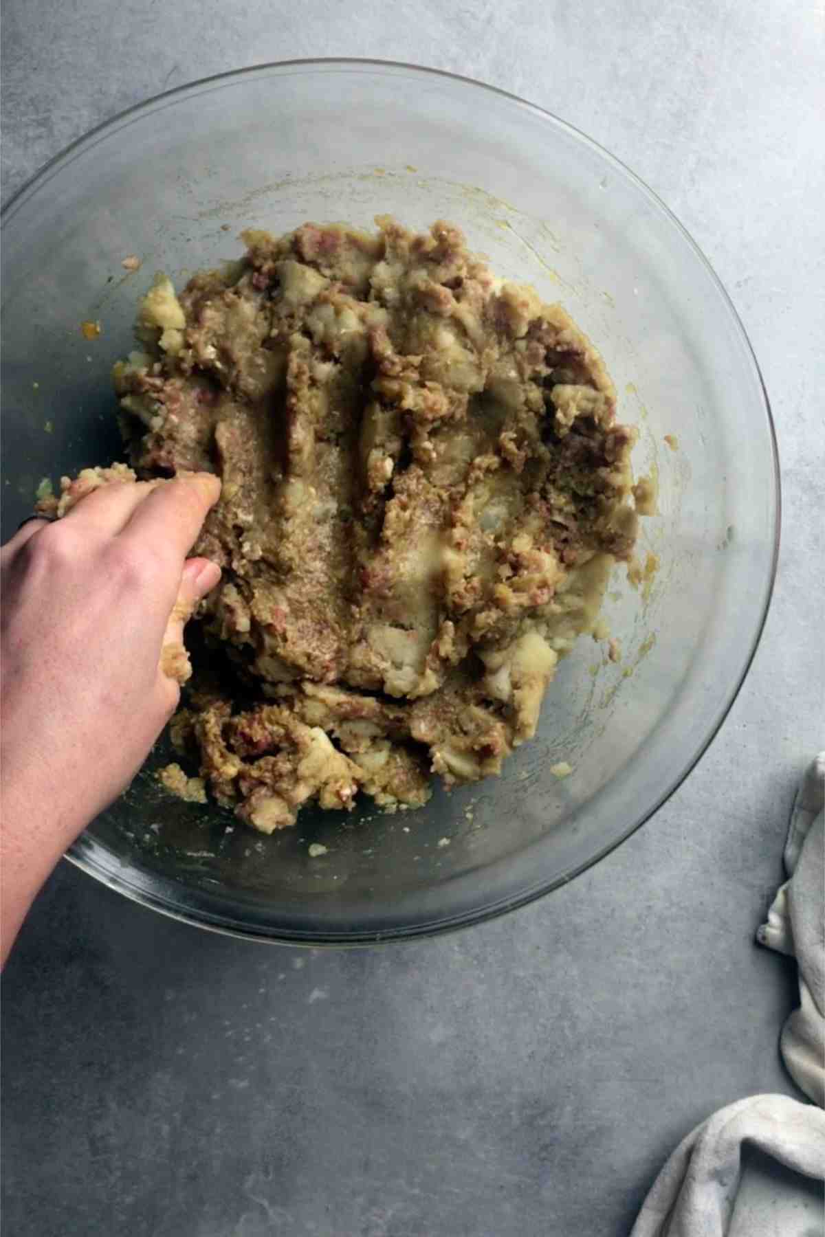 Meat and potato mixture in a bowl.