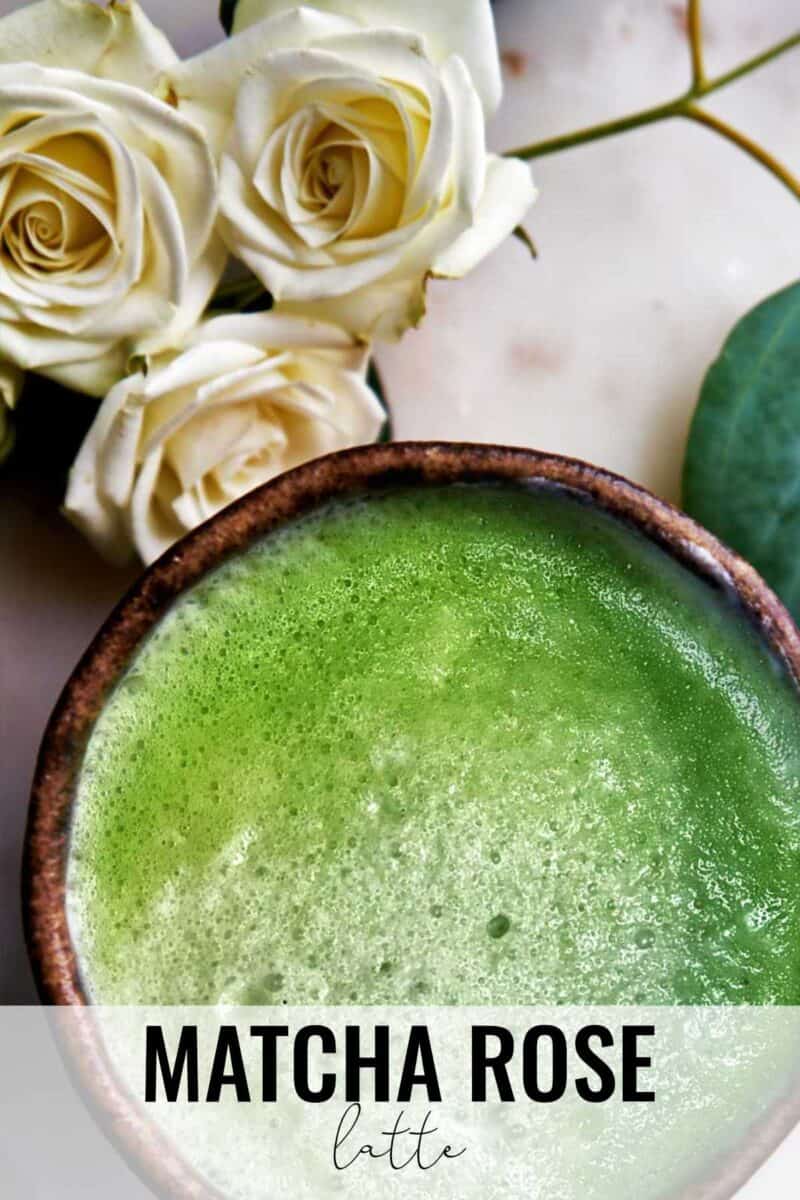 Bowl of matcha with roses.