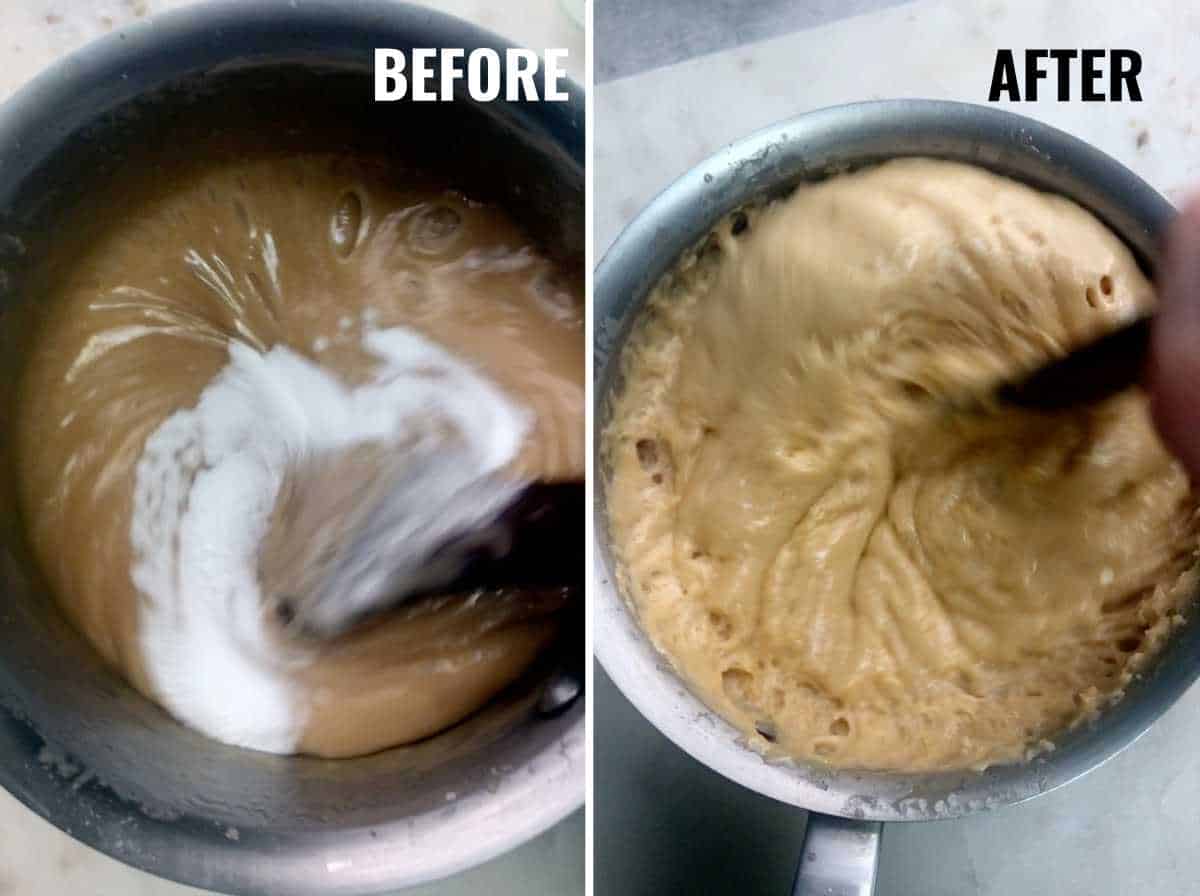 Toffee before and after you add baking soda.