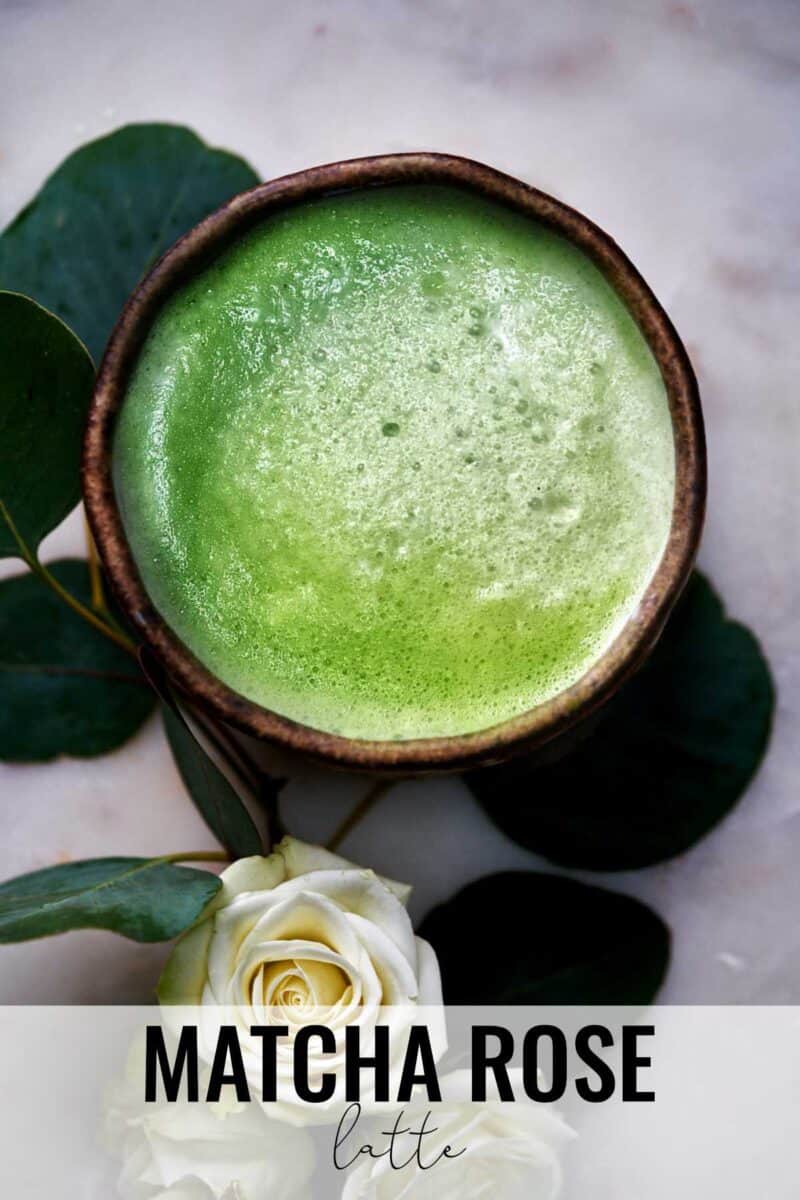 Bowl of matcha with roses.