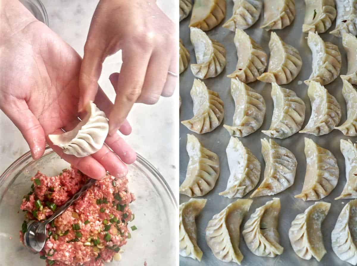 Folded dumplings on a sheet pan.