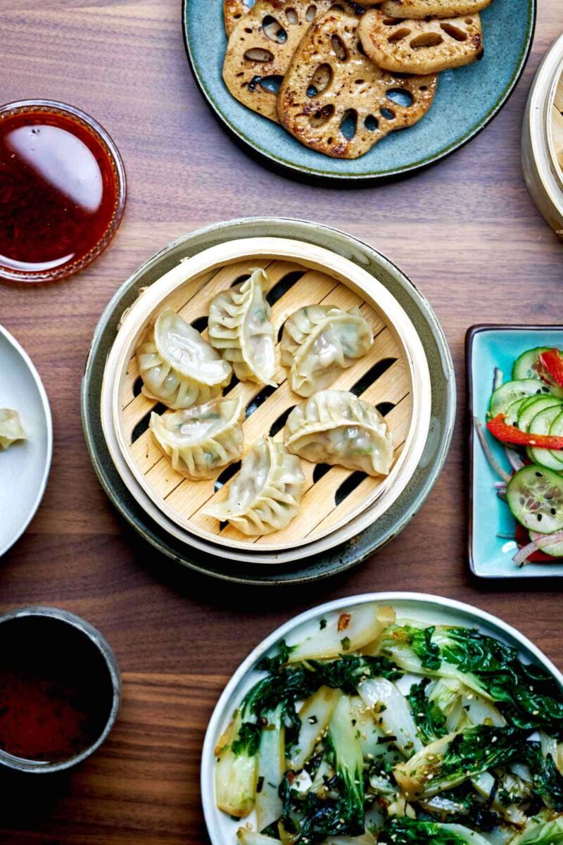 Dumpling dinner with sides.