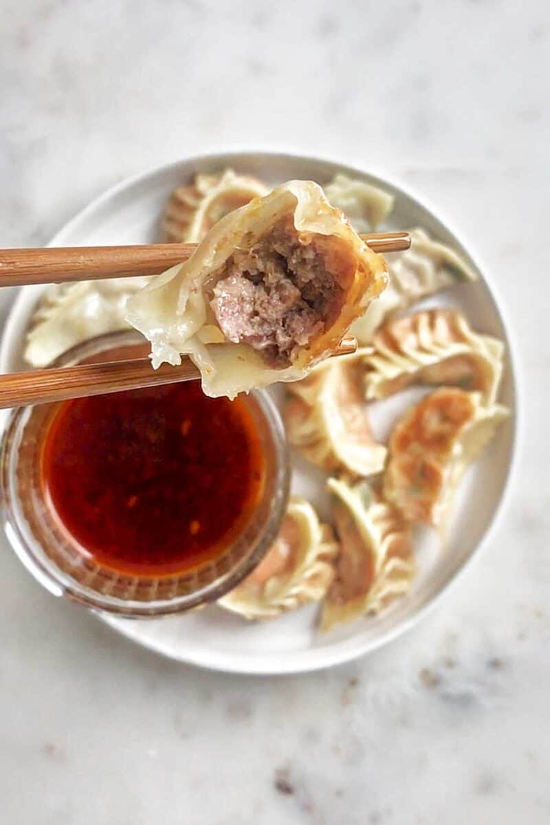 The inside of a meat filled dumpling.